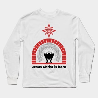 Baby Jesus in the barn, from above the light of the star of Bethlehem. Nativity of the Savior Christ. Long Sleeve T-Shirt